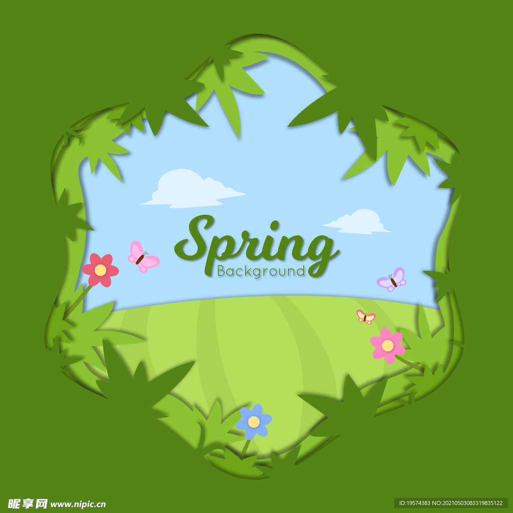 春季剪纸风格植物花卉插画