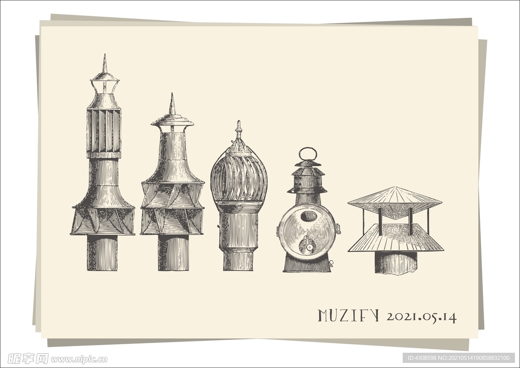 5款入复古烟囱手绘稿