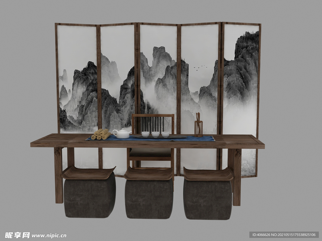 中式茶桌椅3d模型