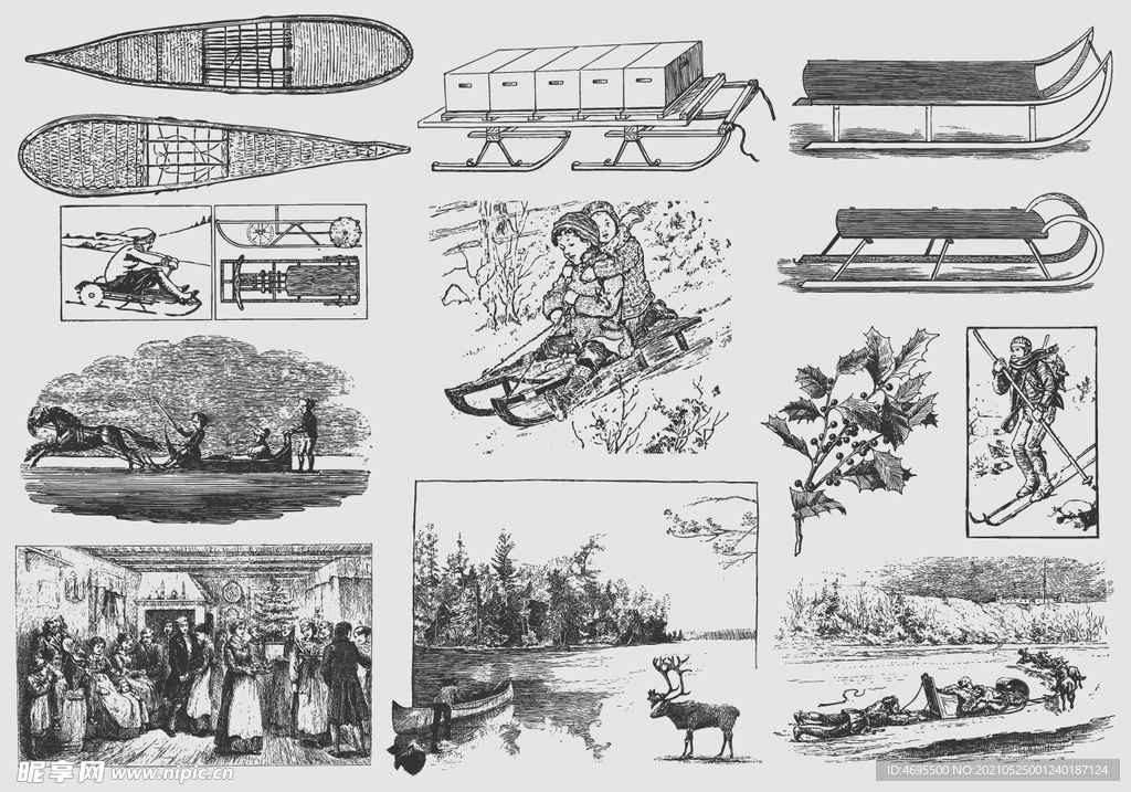 卡通手绘雪橇玩乐矢量图