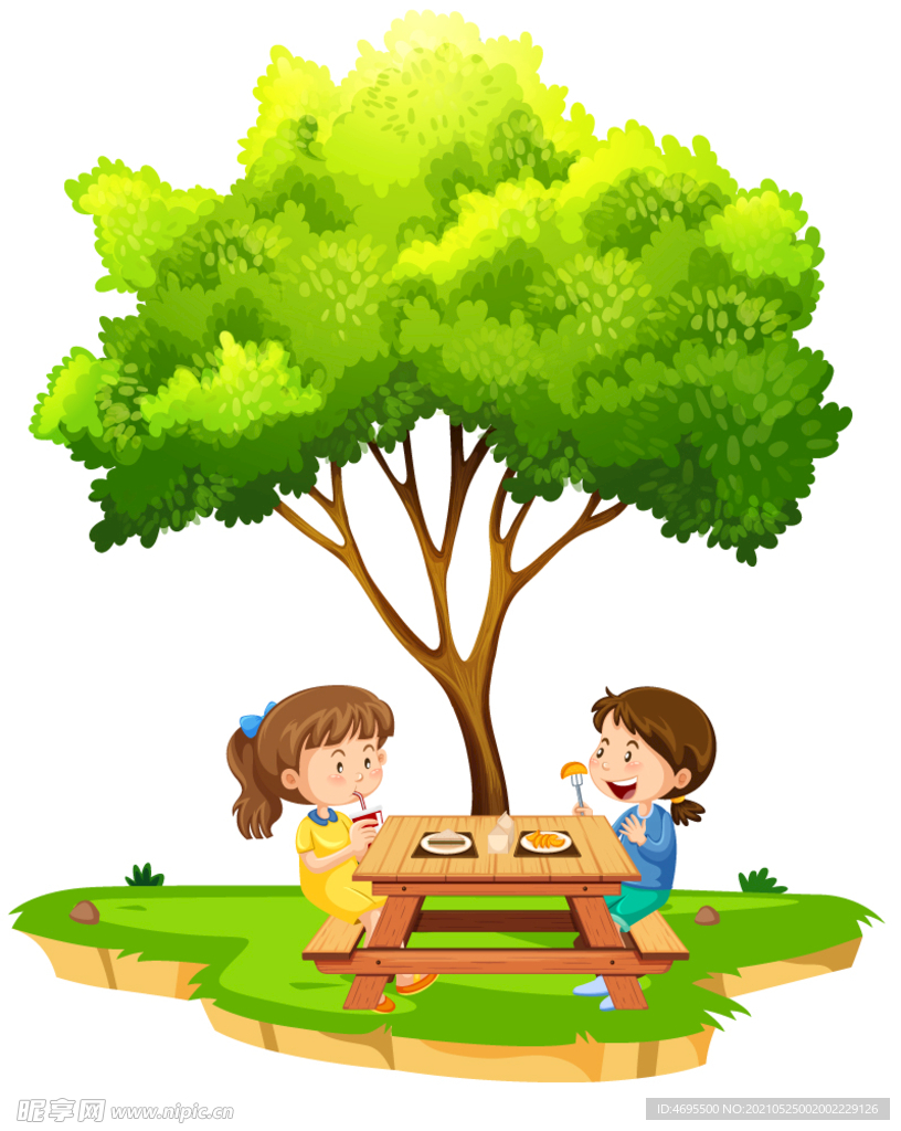 卡通树下吃饭插画插图