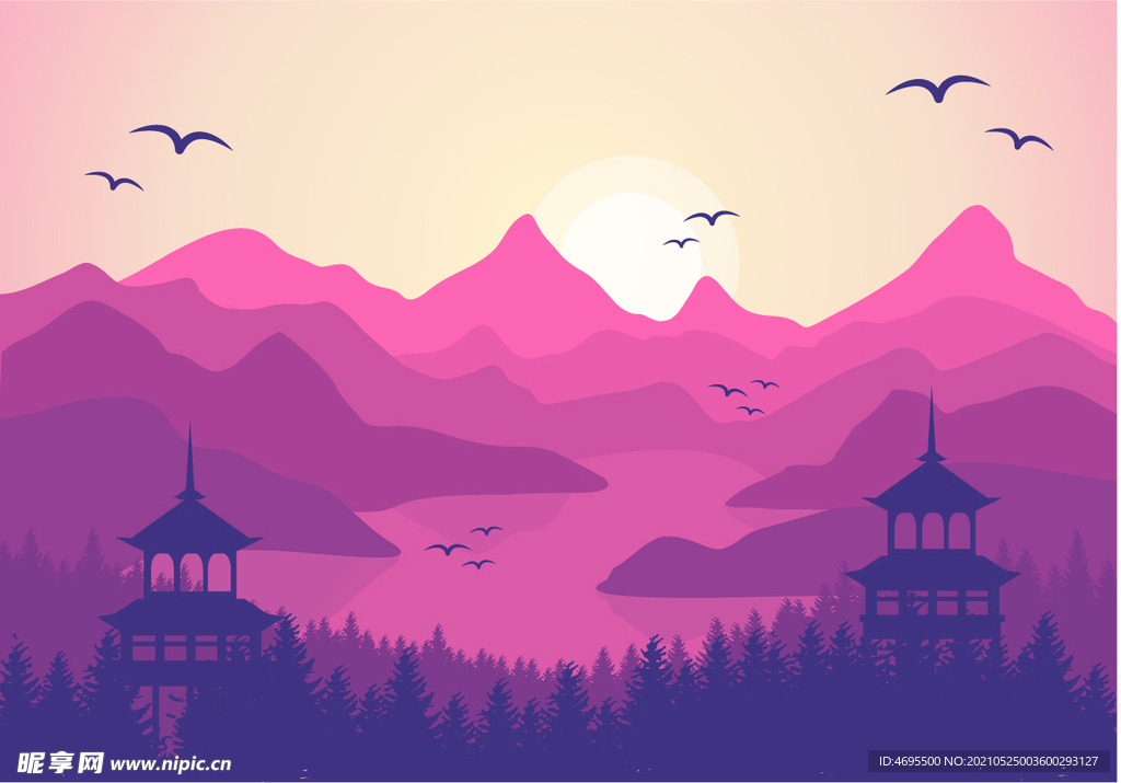 卡通山 河 湖 塔矢量图