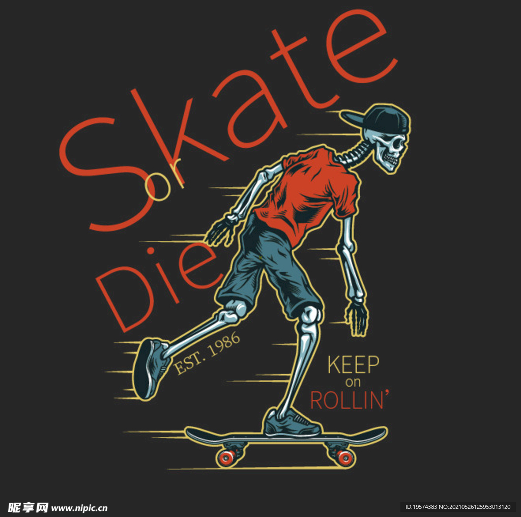 潮流嘻哈风骷髅骨骼滑板T恤印花