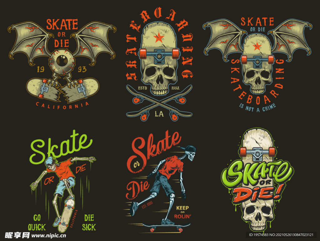 潮流嘻哈风骷髅骨骼滑板T恤印花