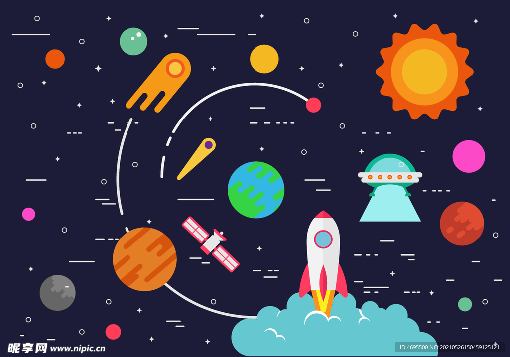 卡通手绘火箭 飞船 太空星球