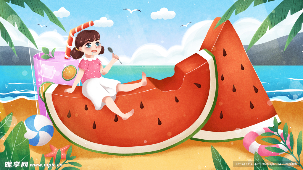 夏日女孩吃西瓜喝冷饮小清新海边