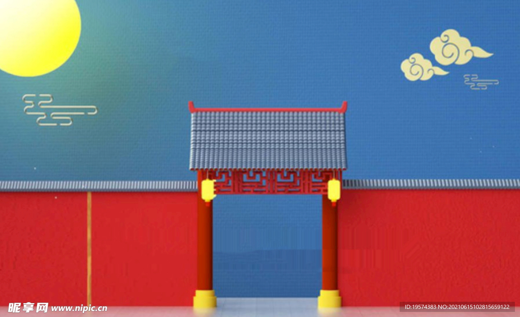 C4D模型中国风院墙朱墙庭院门