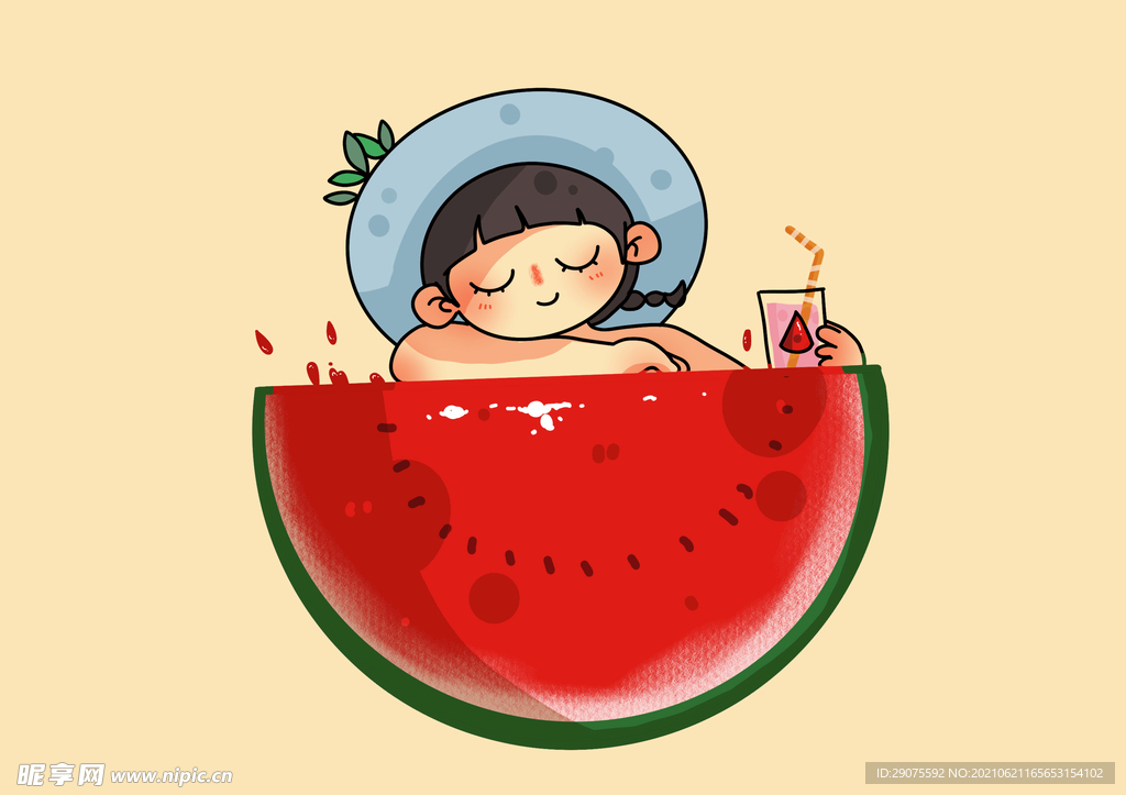 创意西瓜泡澡夏日清凉元素设计