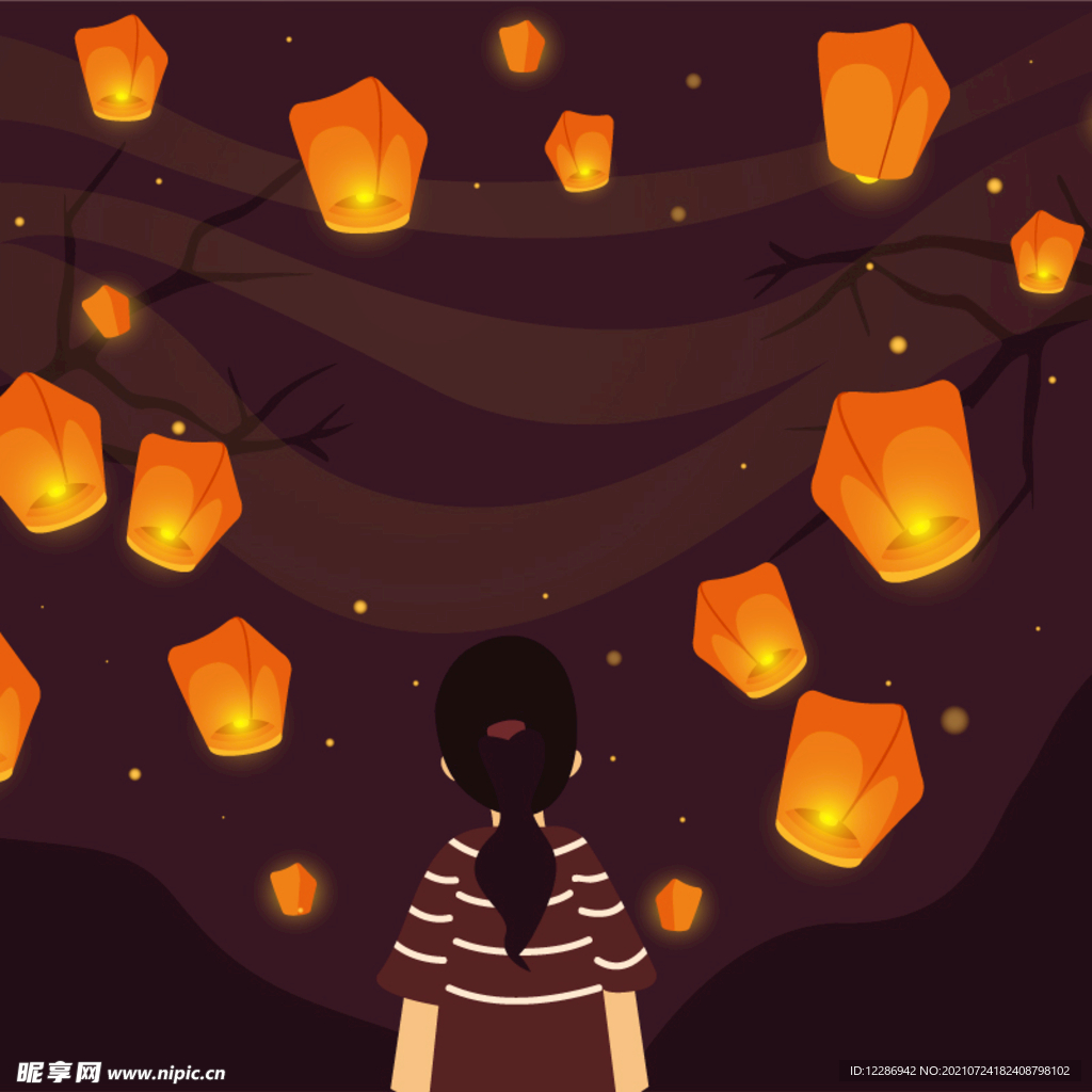 女孩看孔明灯中秋节插画