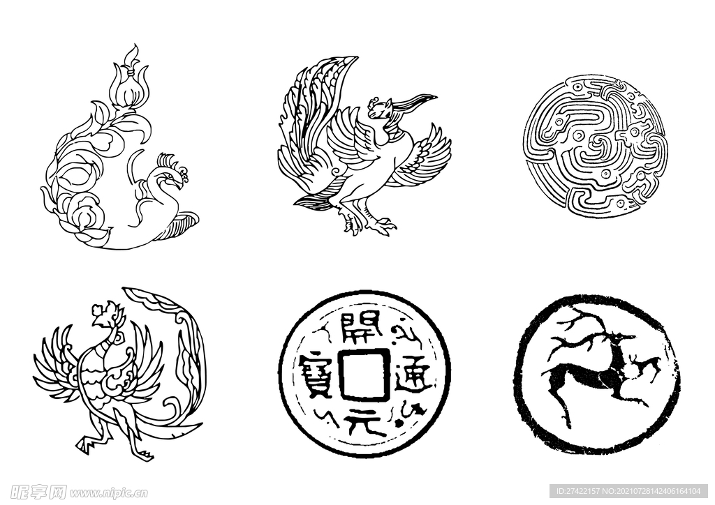 凤凰小鹿铜钱线条图