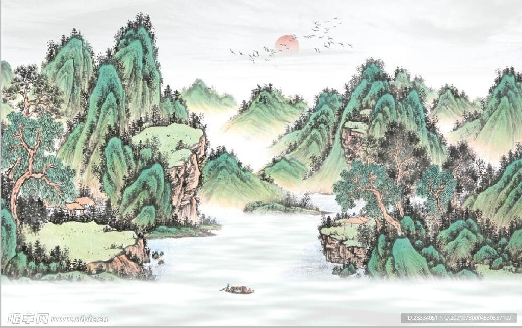 新中式青山绿水国画电视背景墙