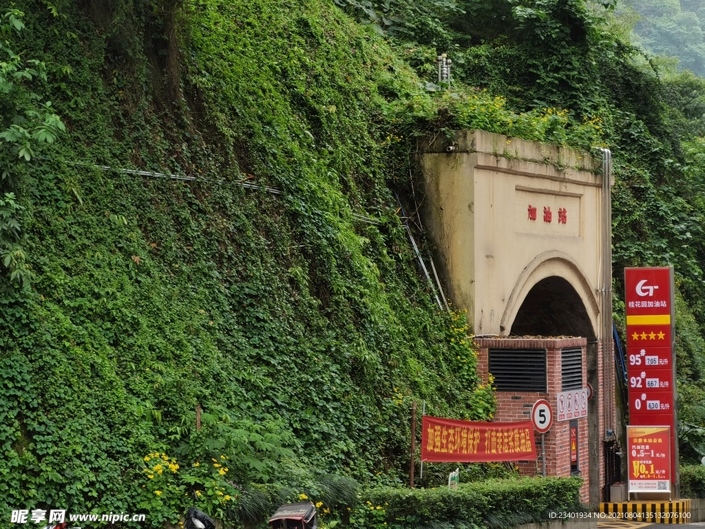 绿色坡道下的加油站