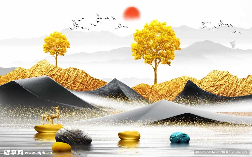 新中式麋鹿山水背景墙