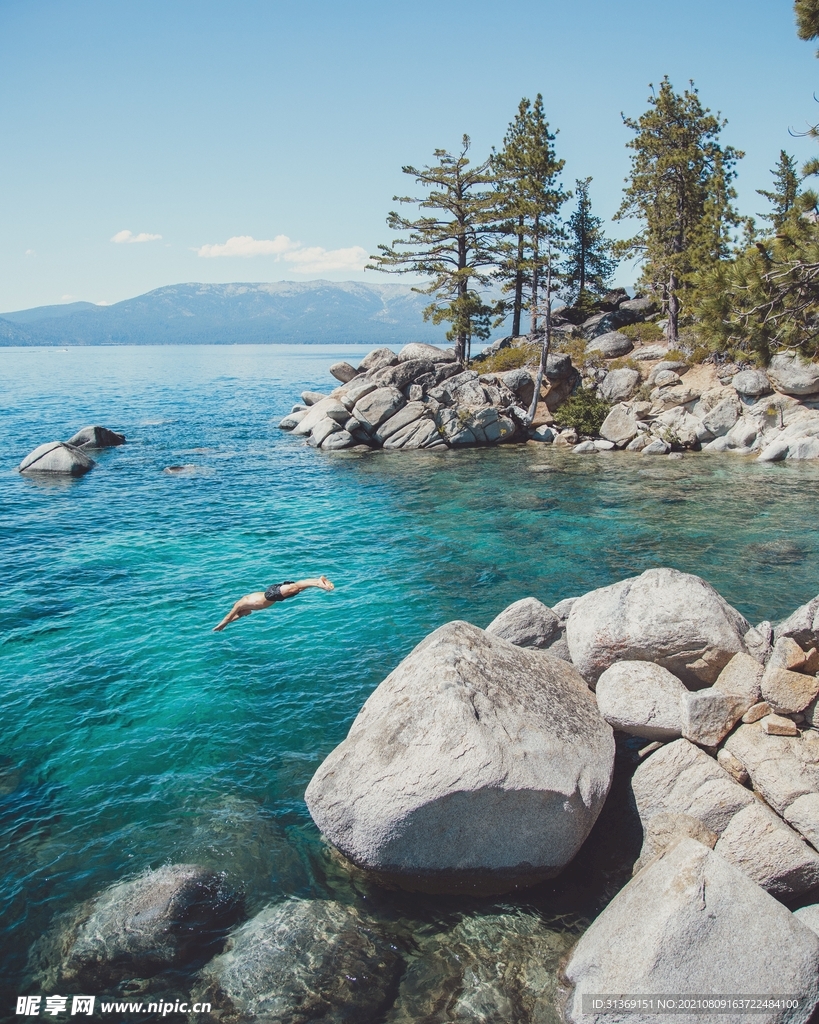 海边跳水的游客