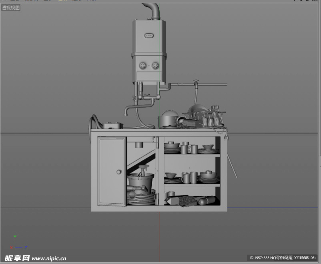 C4D模型厨房燃气灶洗碗池