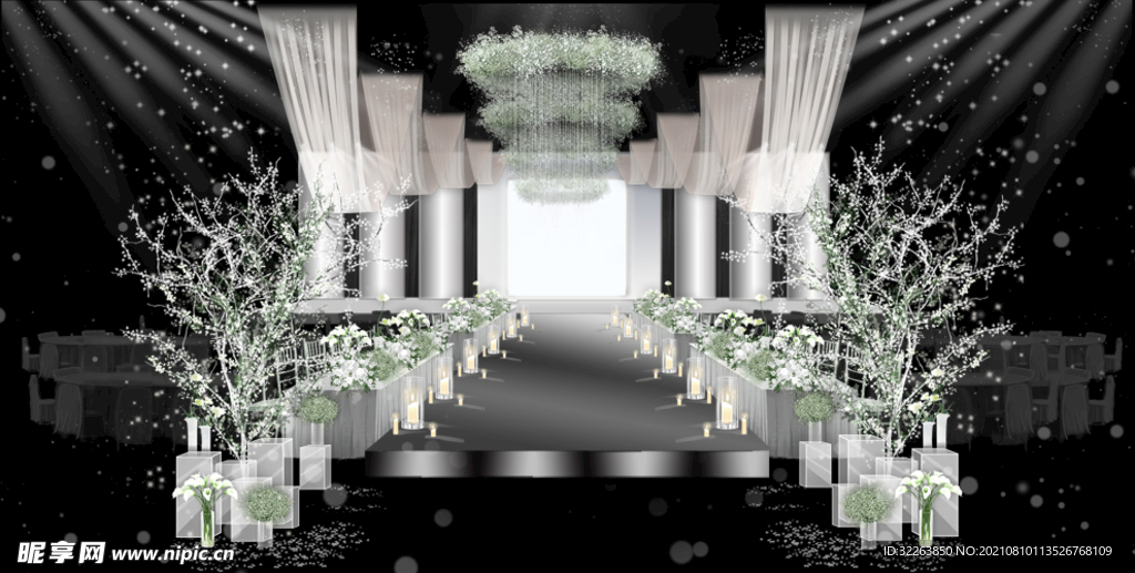 韩式白绿色极简风婚礼效果图