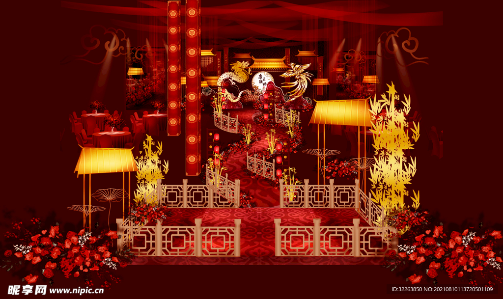 红金色中式经典汉唐婚礼效果图