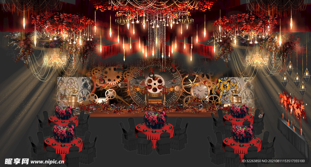 红金色复古工业风宴会效果图