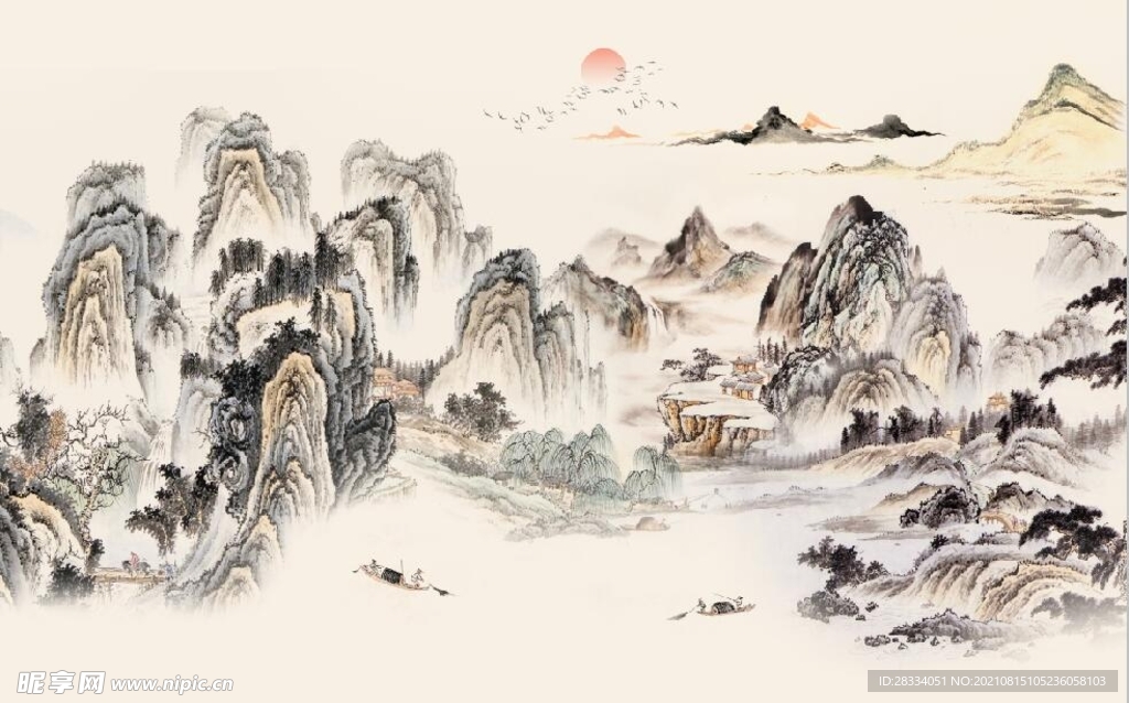 新中式水墨山水国画电视背景墙