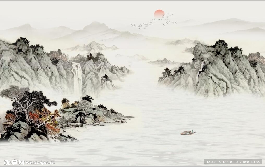新中式水墨山水国画电视背景墙