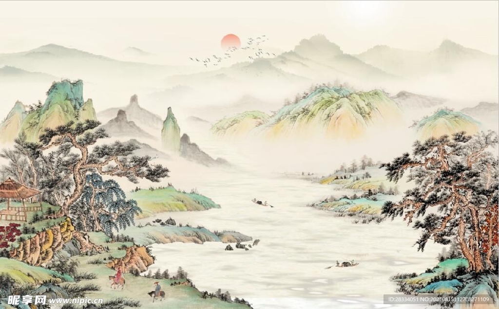 新中式仿古山水国画电视背景墙