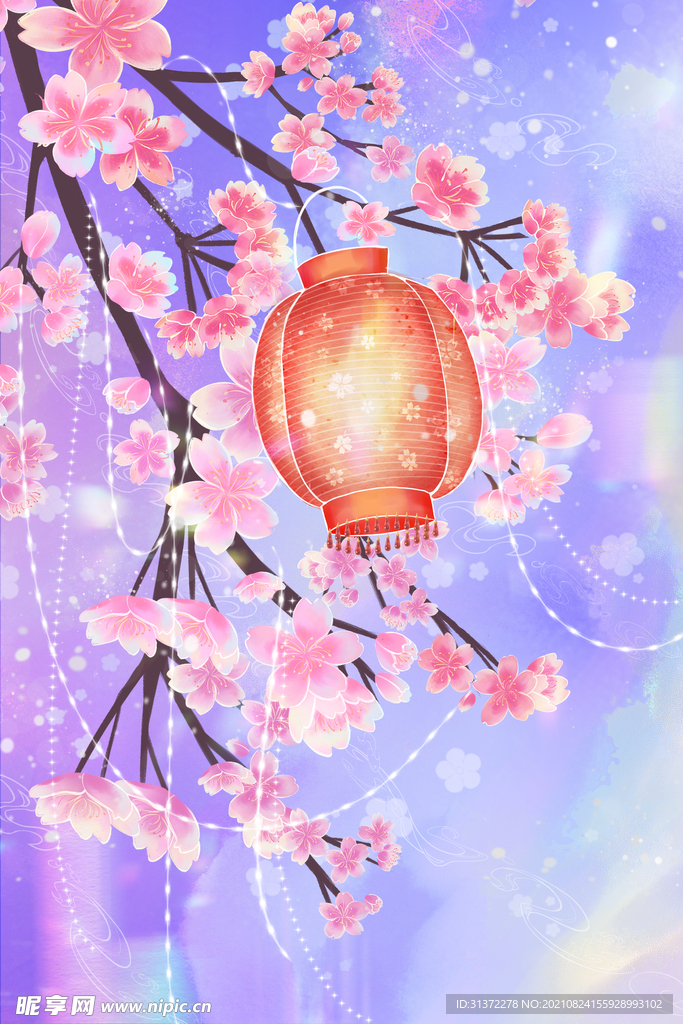 手绘樱花风景插画图片 