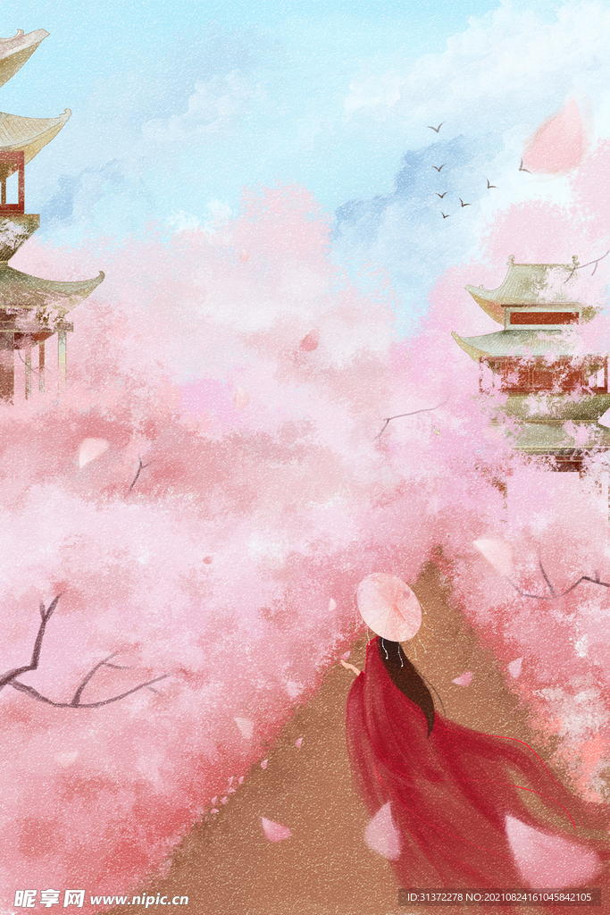 手绘樱花风景插画图片 