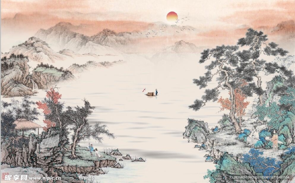 中式青绿山水国画电视背景墙
