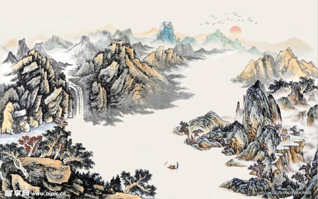 中式仿古山水国画电视背景墙