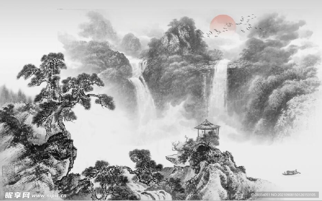 中式水墨山水瀑布国画电视背景墙