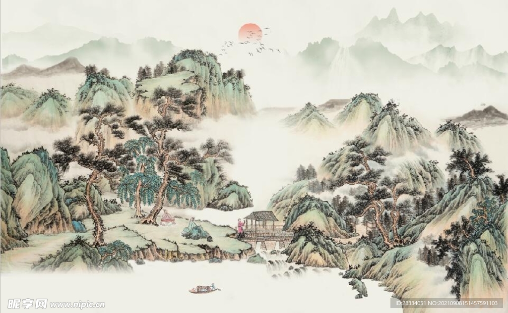 中式水墨仿古山水国画电视背景墙