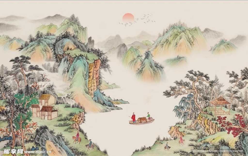 中式水墨仿古山水国画电视背景墙