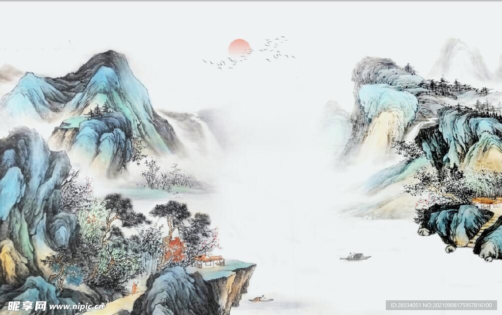 中式青绿山水国画电视背景墙