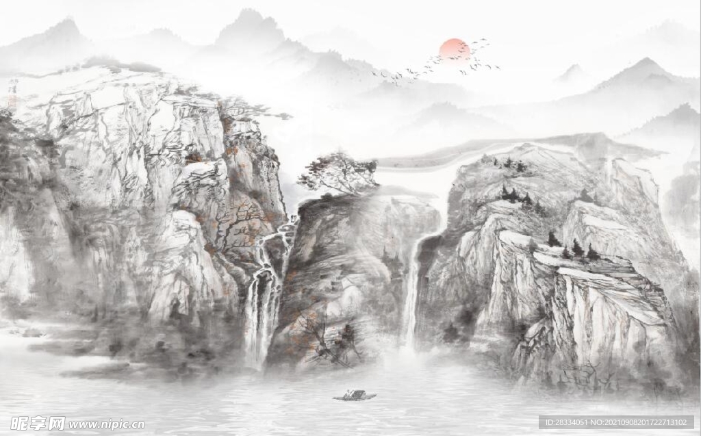中式水墨山水国画电视背景墙