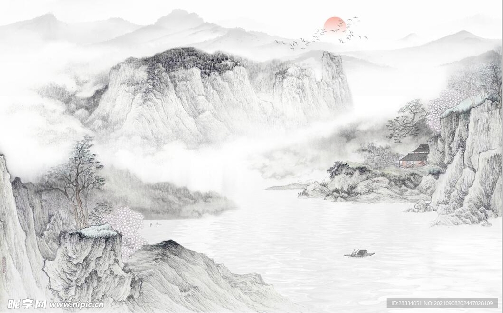 中式水墨山水国画电视背景墙
