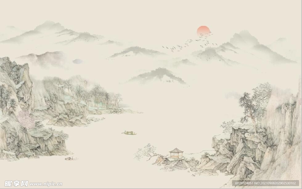 中式水墨山水国画电视背景墙
