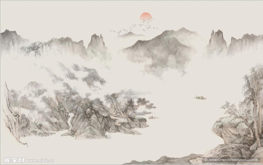 中式水墨山水国画电视背景墙