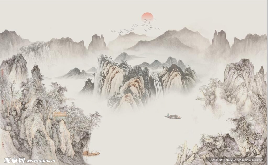中式水墨山水国画电视背景墙