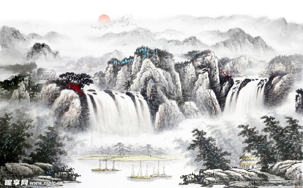 中式水墨山水国画电视背景墙