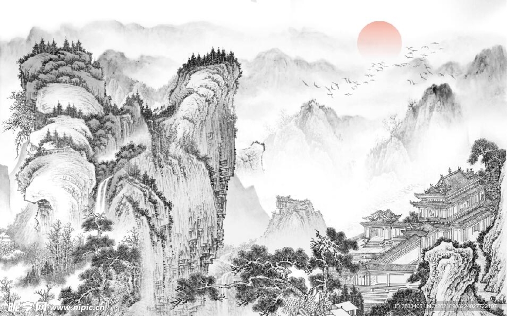 中式水墨山水国画电视背景墙