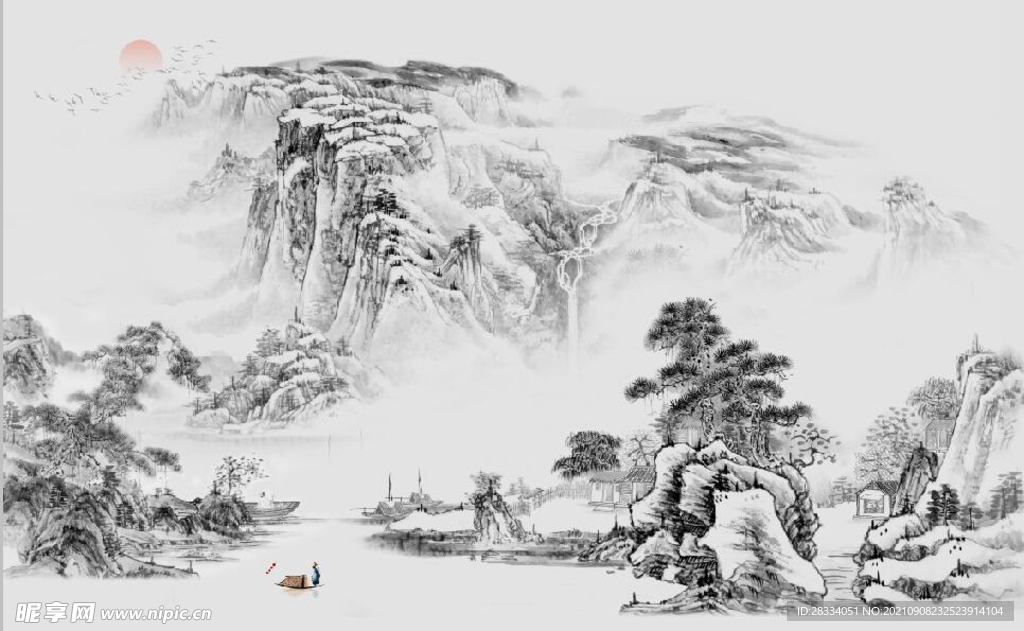 中式水墨山水国画电视背景墙