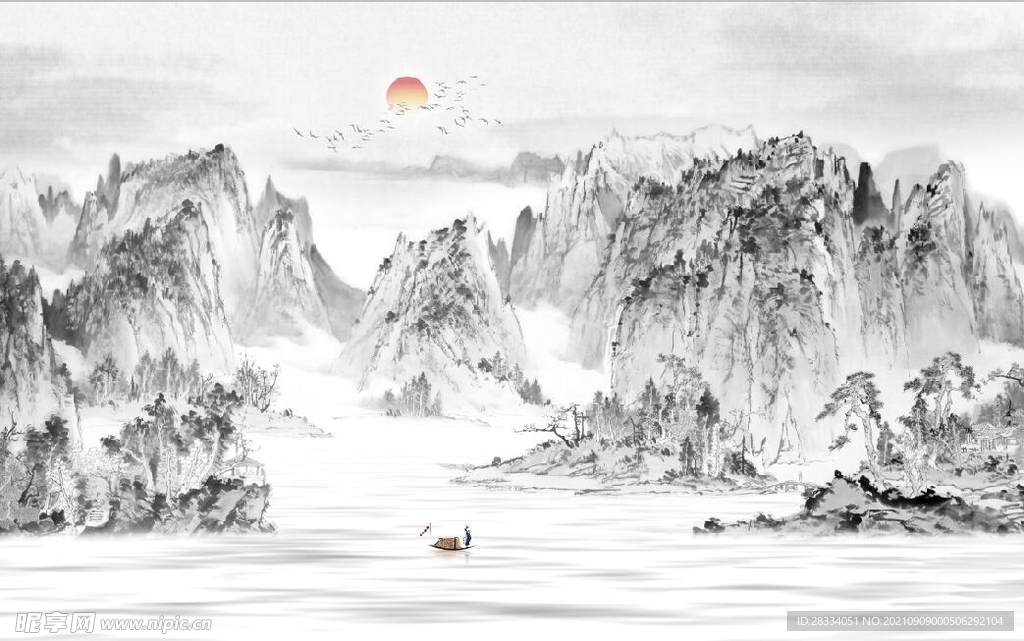 中式水墨山水国画电视背景墙