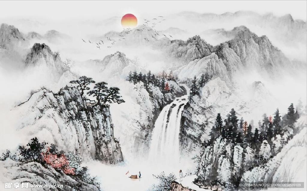 中式水墨山水国画电视背景墙