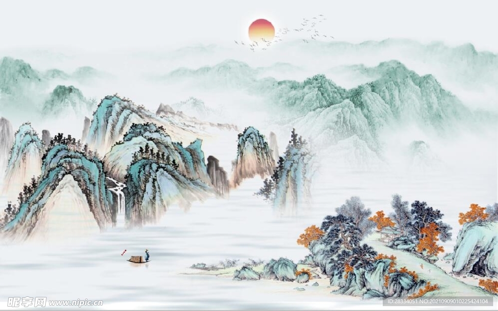 中式水墨山水国画电视背景墙