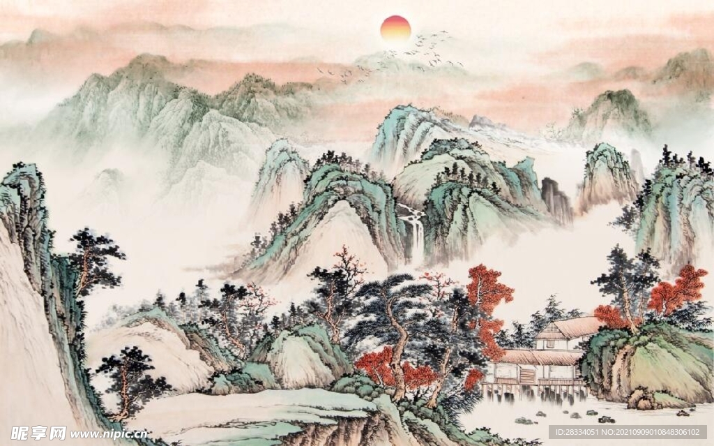 中式水墨山水国画电视背景墙