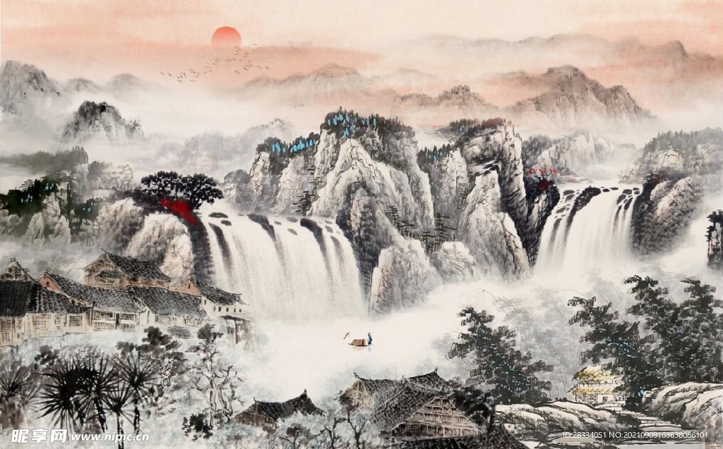 中式水墨山水国画电视背景墙