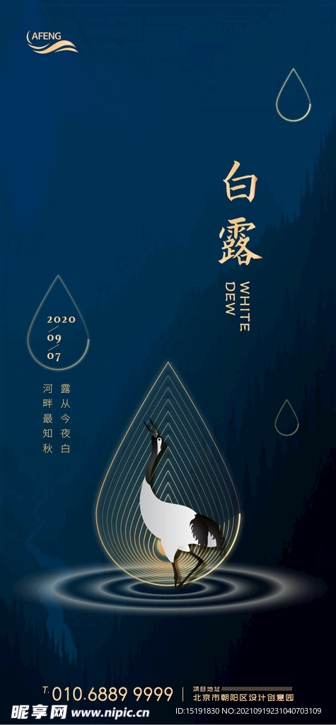 简约蓝金白露露滴节气海报