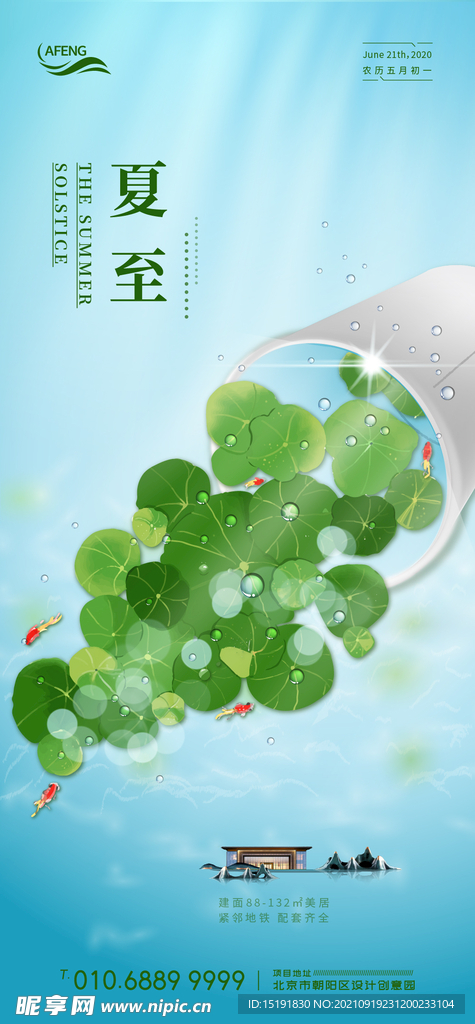 蓝色创意荷叶游鱼房地产节气海报