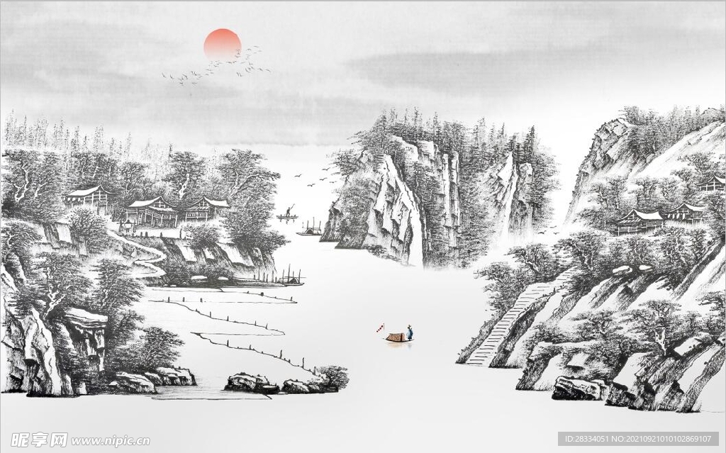 中式水墨山水国画电视背景墙