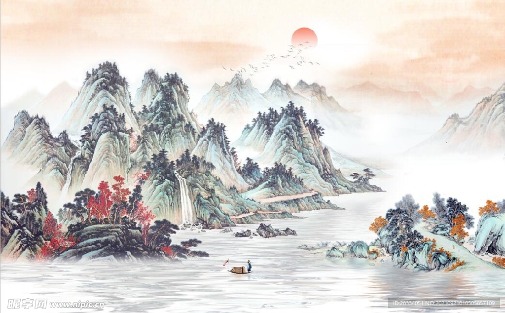 中式青绿山水国画电视背景墙